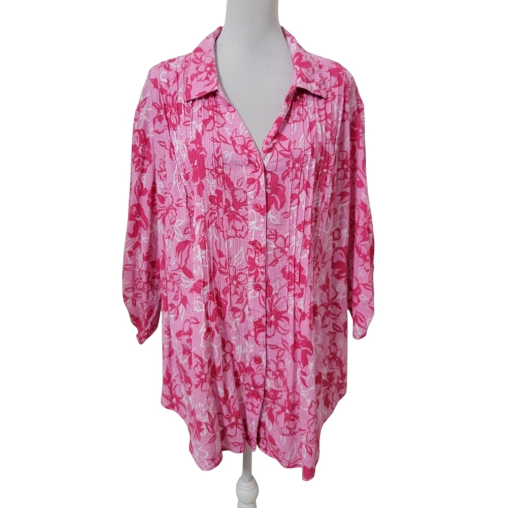 Woman WIthin Size 2X, (26/28) Pink /White Floral Pintuck, Roll Tab Sleeve Top